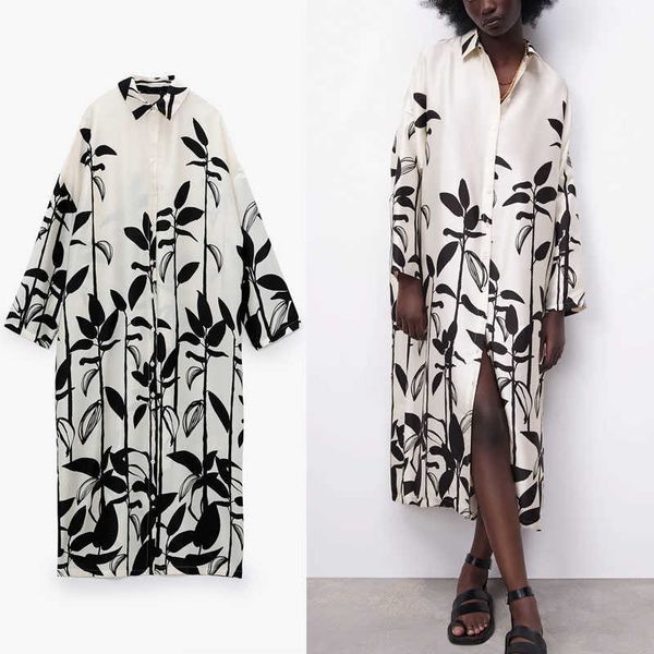 

za retro print oversized long dress women long sleeve large size roomy elegant summer dress woman button up casual dress 210602, Black;gray