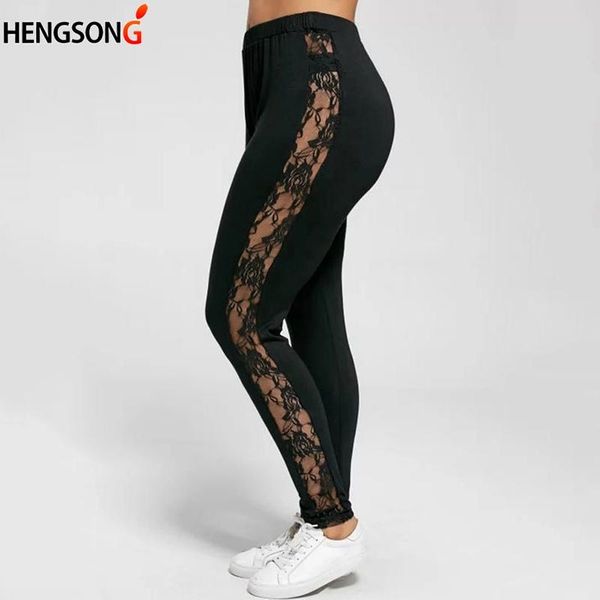 

women's leggings -3xl women legging high waist lace patchwork hollow out stretch large trousers big size, Black