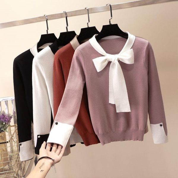 

women's sweaters 2021 autumn winter sweater knitted pullover long sleeve bow tie knitwear fashion slim casual women jumper pull femme p, White;black
