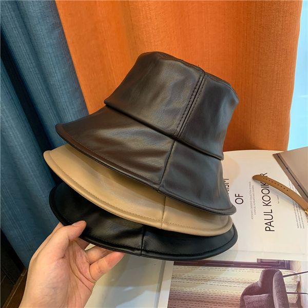 

simple pu leather basin hat for women's leisure in autumn and winter, Blue;gray