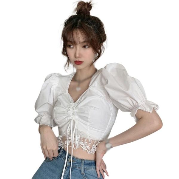

women's blouses & shirts korean style solid sweet square collar short sleeves blouse lace patchwork, White