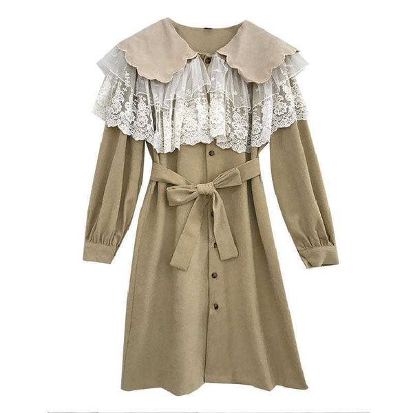 

perhaps u women apricot balck lace patchwork peter pan collar long sleeve empire single-breasted sash mini dress d2415 210529, Black;gray