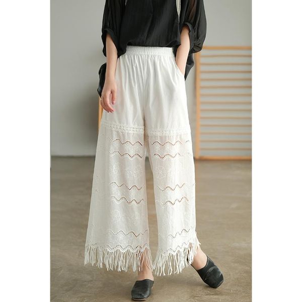 

women's pants & capris 21 women summer mori girl style solid color loose tassel hallow out female wild cotton straight trousers fashion, Black;white
