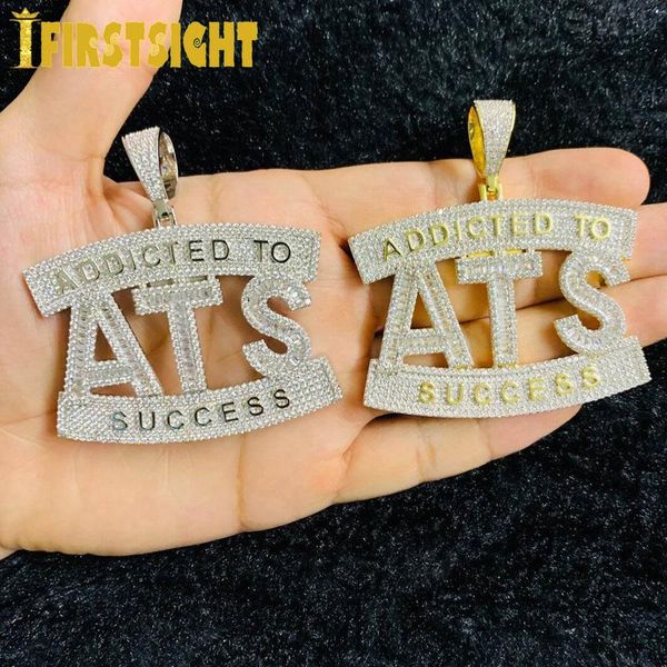 

chains two tone color iced out bling 5a zircon cz letter ats pendant necklace addicted to success charm men women hiphop jewelry, Silver