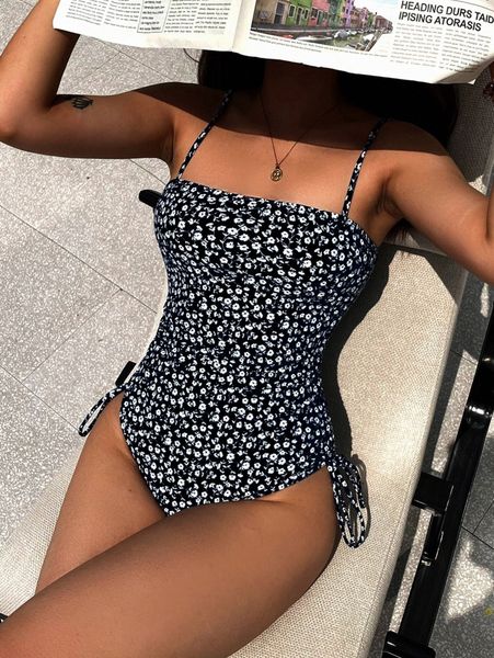 

floral tie side one piece swimsuit 61am#, White;black