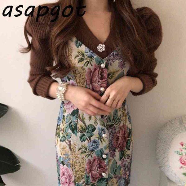 

vintage temperament knit v neck puff sleeve cardigan jacket sweaters&jumpers chic pearl single-breasted floral strap dress 210330, White