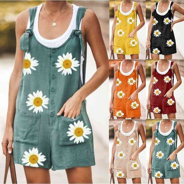 

women rompers summer casual loose sleeveless jumpsuit print button pocket suspenders bib short pants wide leg playsuits overalls 210603, Black;white
