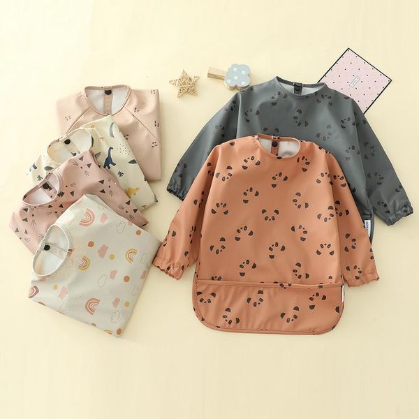 

baby kids toddler long sleeve scarf waterproof art smock feeding bib apron pocket infant boys girls burp cloth bibs drooling hair accessorie, Slivery;white