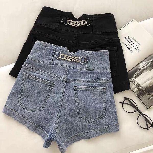 

women's shorts denim high waist 2021 summer korean version ins retro metal chain design a-line wide leg pants [end of may 9], White;black
