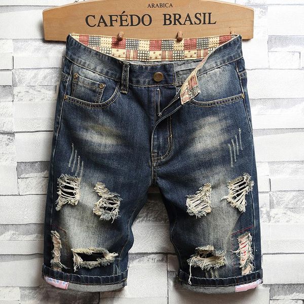 

men's jeans denim straight loose pants ripped retro shorts, Blue