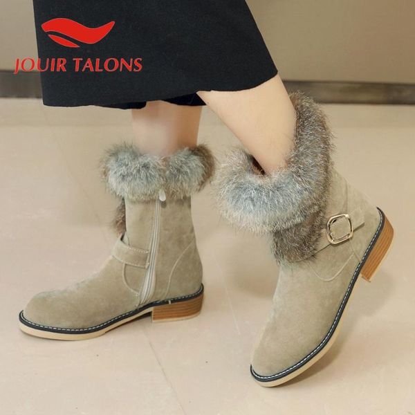 

boots jouir talons winter fur short plush warm ankle casual buckle strap low heels round toe zipper women shoes, Black
