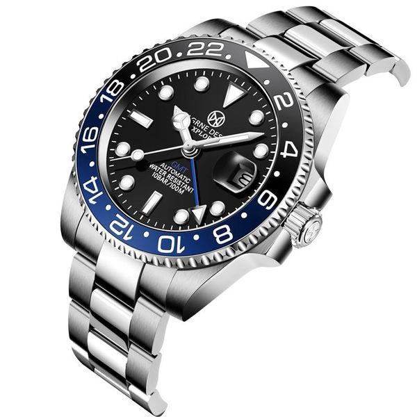 

wristwatches pagrne design men's business mechanical watch luxury sapphire 100m waterproof gmt stainless steel fashion automatic wrist, Slivery;brown