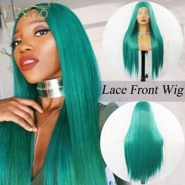 

synthetic wigs yysoo long green silky straight 13x3 lace front for black women part half hand tied heat resistant
