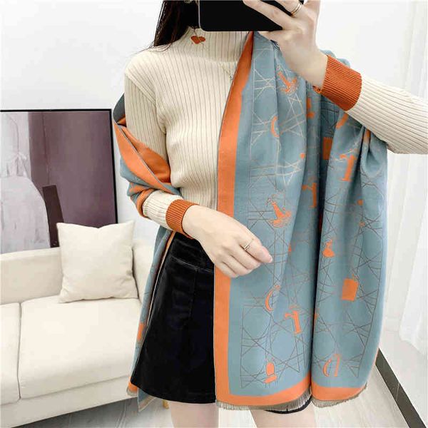 

2021 autumn winter british geometric letter scarf winter thickened tassel shawl dual purpose warm bib women, Blue;gray