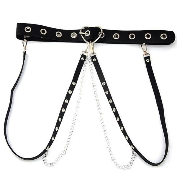 

belts punk gothic leather women with chain harajuku heart buckle grommet harness waist strap dress jeans bondage waistband, Black;brown