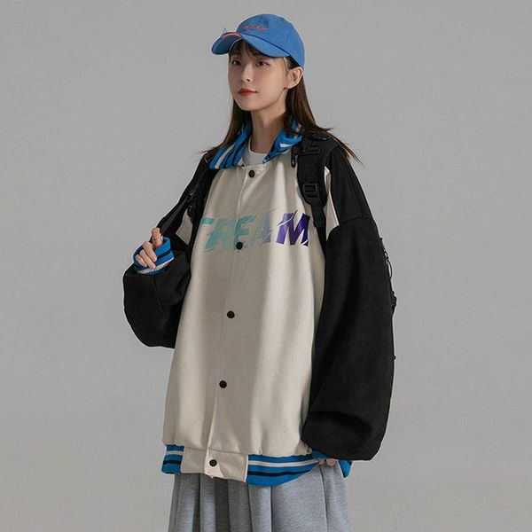 

women's jackets safari style women spring streetwear loose baseball uniform jacket female retro trendy stitching hit color printing, Black;brown