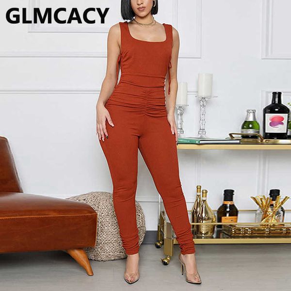 

women sleeveless solid ttank jumpsuit slim ruched casual overalls 210702, Black;white