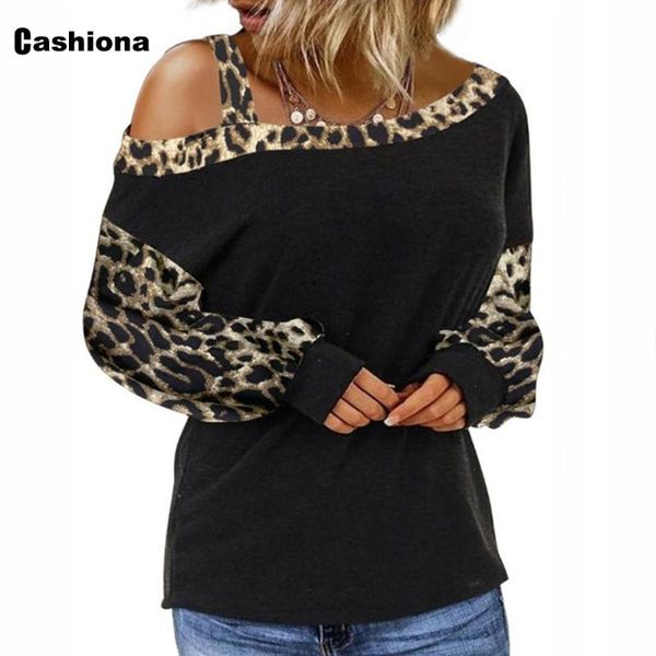 

women's t-shirt plus size 3xl women casual model patchwork leopard print shirt skew collar loose 2021 autumn tee femme, White