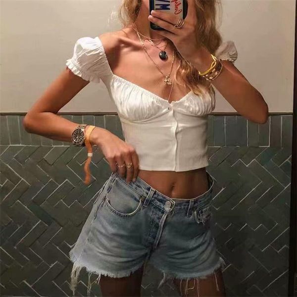 

crop korean fashion puff sleeve yellow white blouse women ruffle shirts streetwear summer for 210521