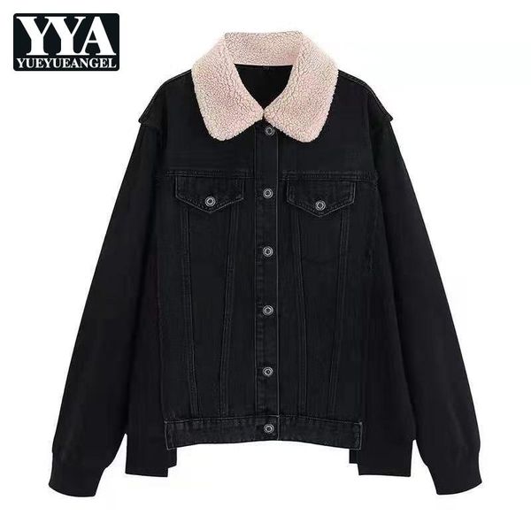 

women's jackets fashion women faux fur collar denim jacket single breasted loose fit boyfriend jeans coat patchwork casual streetwear, Black;brown