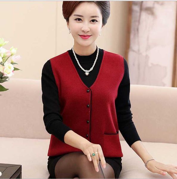 

autumn middle-aged women cashmere vest sweater coat knitting solid color plus size mother waistcoat t3241, Black;white