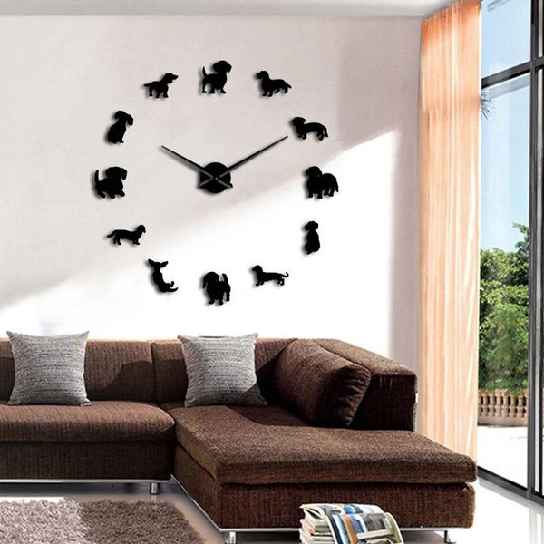 

wall clocks diy dachshund art wiener-dog puppy dog pet frameless giant clock with mirror effect sausage large watch