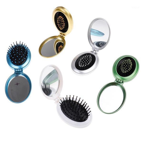 

portable round pocket small size travel massage folding comb girl hair brush with mirror styling tools 5 colors1, Silver