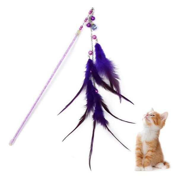 

cat toys bell teaser wand toy with replaceable colorful feather and pearls interactive pet training tool make sticker