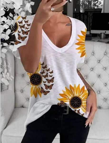 

women's t-shirt v-neck sunflower print short sleeve lbqv, White
