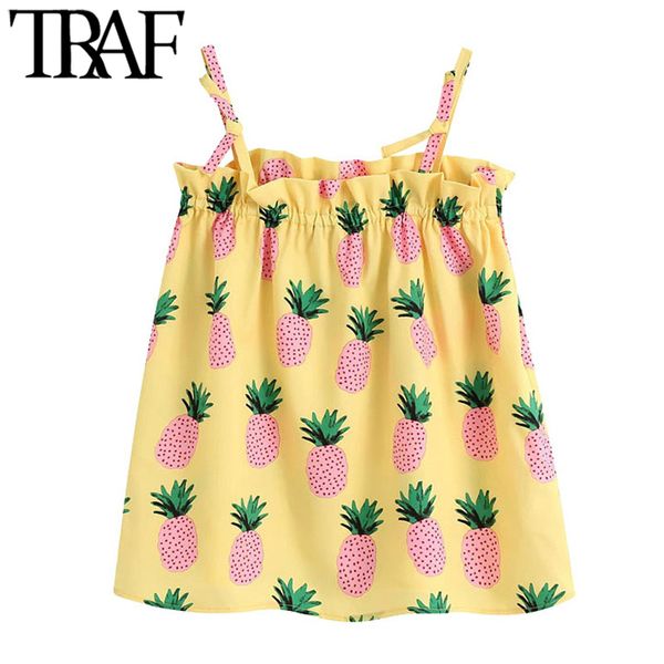 TRAF Donna Sweet Fashion Fruit Print Camicette arricciate Vintage senza maniche Elastico Cinghie sottili Camicie femminili Chic Top 210415