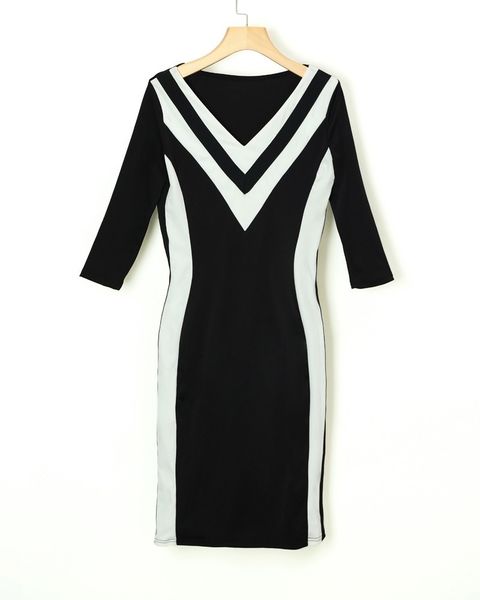 

2021contrast color striped tape bodycon dress women v neck long sleeve party dress, Black;gray