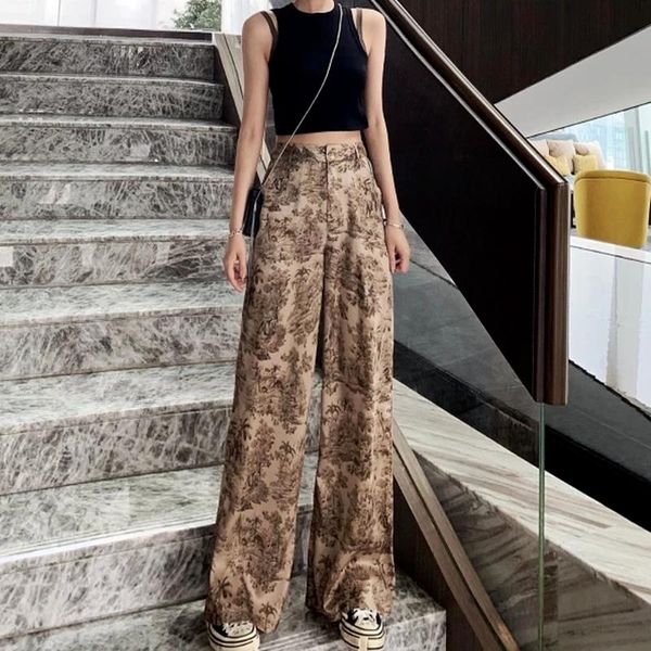 

women's pants & capris korean style wide leg women vintage harajuku print high waist trousers 2021 summer female palazzo clothing, Black;white