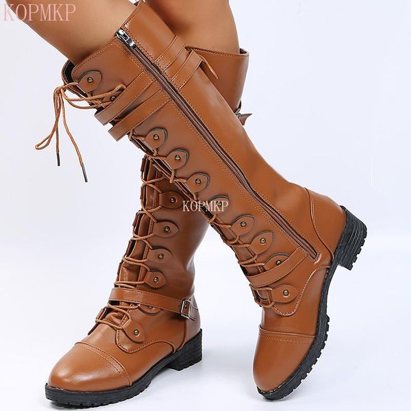

boots fashion brown women's chunky knee-high long solid color pu leather round toe thick bottom buckle casual riding, Black