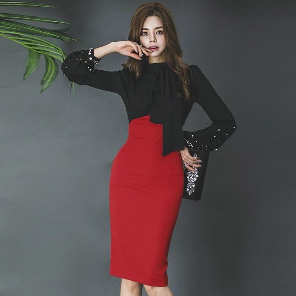 

casual dresses lace up elegant stand collar dress women chiffon patchwork pearls slim party autumn vestidos femme, Black;gray