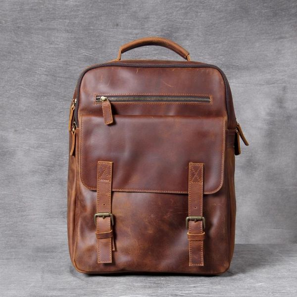 

backpack casual style genuine leather male teenage school college student crazy horse mountaineering schoolbag