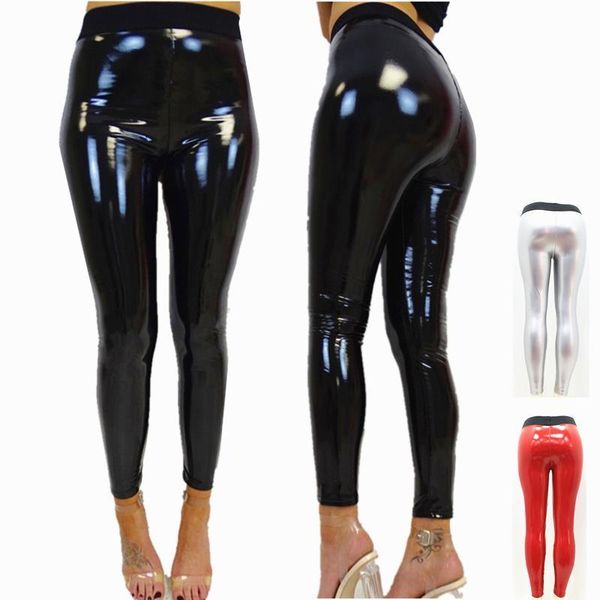 

vinyl wet look pu womens leggings leather black slim long pants push up skinny red silver leggins