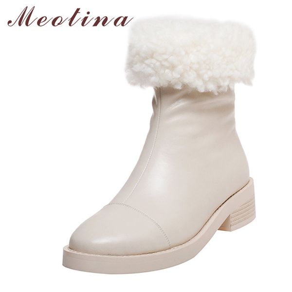 

med heel ankle boots woman snow platform chunky shoes zip round toe ladies short winter beige size 43 210517, Black