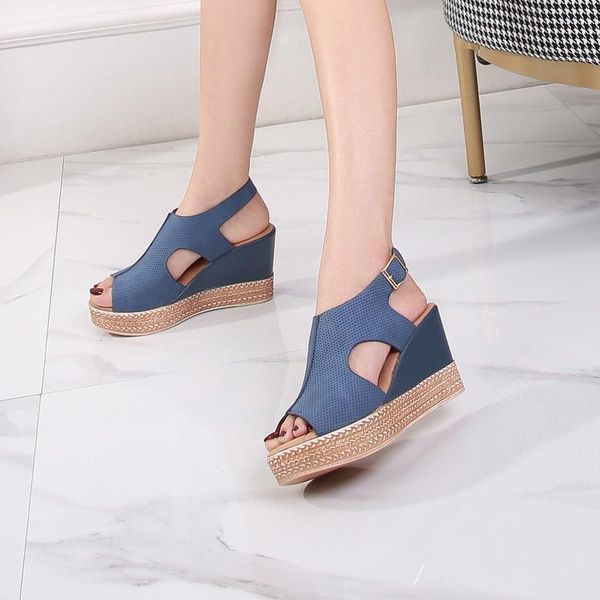 

women sandals 2021 summer open toe fish head fashion platform high heels wedge female shoes size 37-41, Black