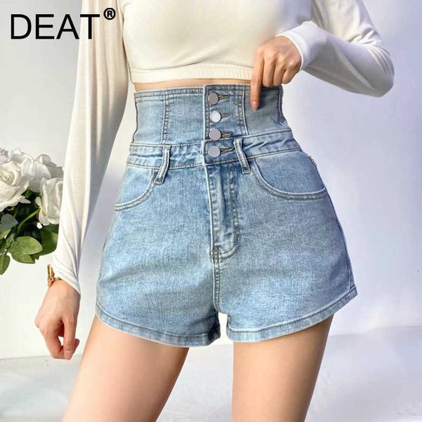 

[deat] women denim shorts wide leg drawstring high waist solid color single-breasted loose fashion summer 13c325 210709, White;black