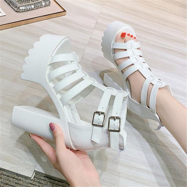 

open toe women waterproof platform sandals zipper chunky ultra high heel fashion leather buckles female shoes 2021 summer, Black