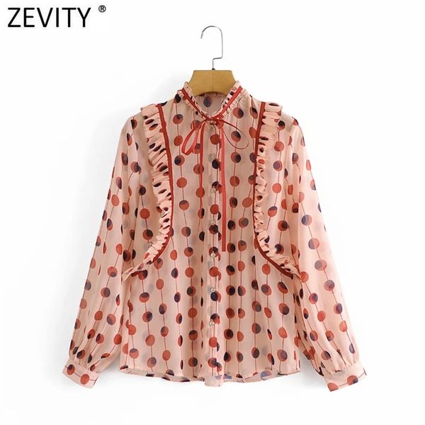 Frauen Sweet Press Plissee Bow Tied Chiffon Shirts Lady Polka Dot Print Gestreifte Bluse Roupas Chic Rüschen Tops LS9039 210416