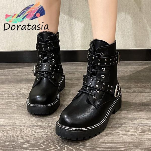 

boots doratasia arrival women solid zipper platform ankle shoes rivet buckle chunky heel cool winter, Black