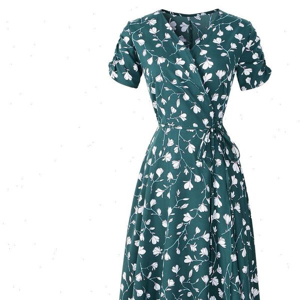 

38 v neck office womens dresses holiday floral print summer short sleeve party vestidos robe femme, Black;gray