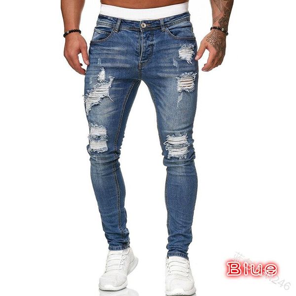 

men's jeans sweatpants hole pants casual summer autumn male ripped skinny trousers slim biker outwears harajuku, Blue
