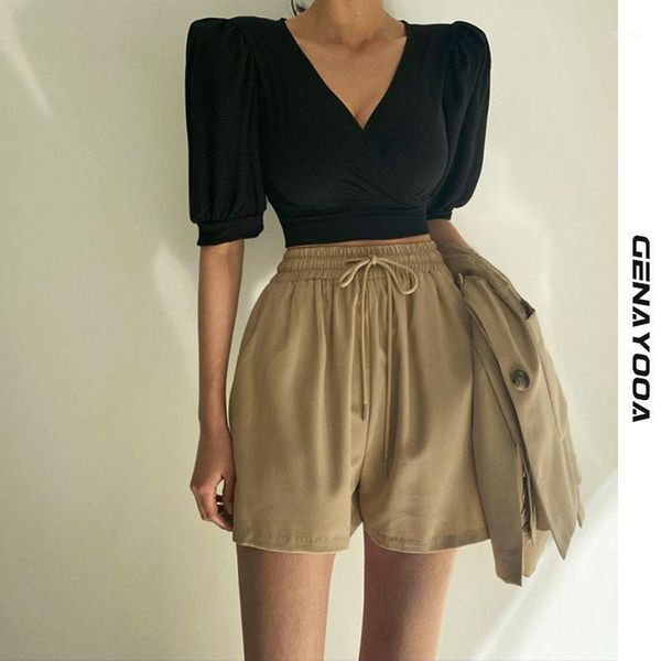 

women's shorts genayooa elastic waist solid khaki short feminino 2021 summer korean style high women casual office ladies chic, White;black