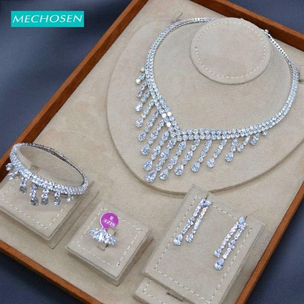 

earrings & necklace mechosen 4/pc wedding ornament elegant water drop shape cubic zircon copper ring bangle earring set for bride gift, Silver