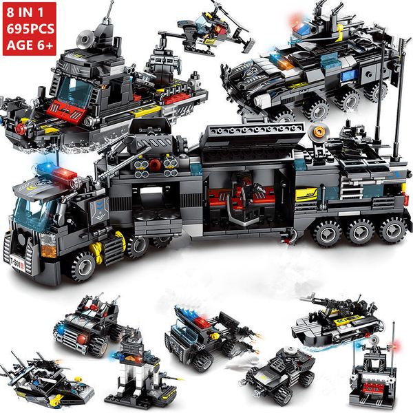 

8pcs/set 695pcs police station car building city swat team truck blocks plastic technic diy assembly brick kids gift 1008