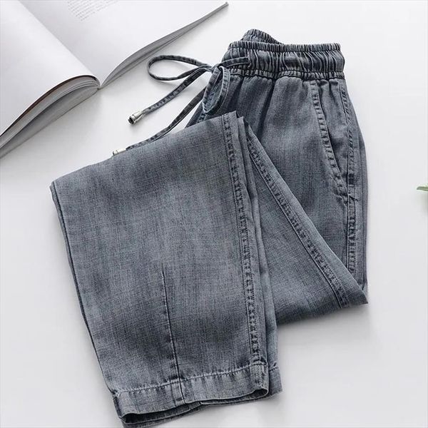 

thin plus size summer retro women jeans ice silk nine point carrot pants back drawstring high waist harem, Blue