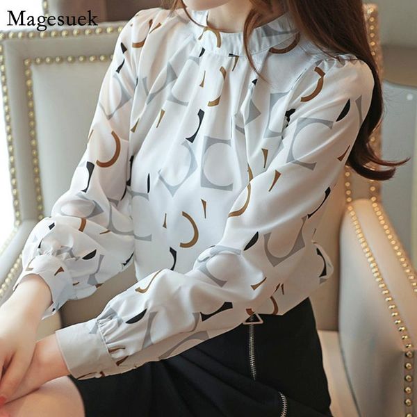 

korean long sleeve blouse women casual slim elegant chiffon print o-neck office wear white femme 6053 50 women's blouses & shirts
