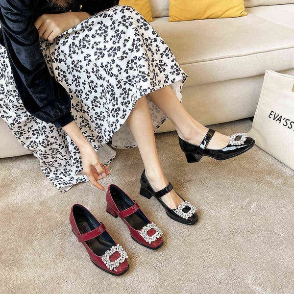 

dress shoes 2022 spring women's shoes korean version flash diamond buckle middle one-sided belt bottom thick heel square head mary, Black